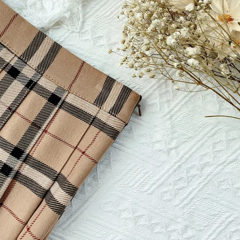 Contrast Color Plaid Striped Skirt Korean Version of Pleated Skirt Autumn High Waist A Line Plaid Mini Skirt Student Style Sweet