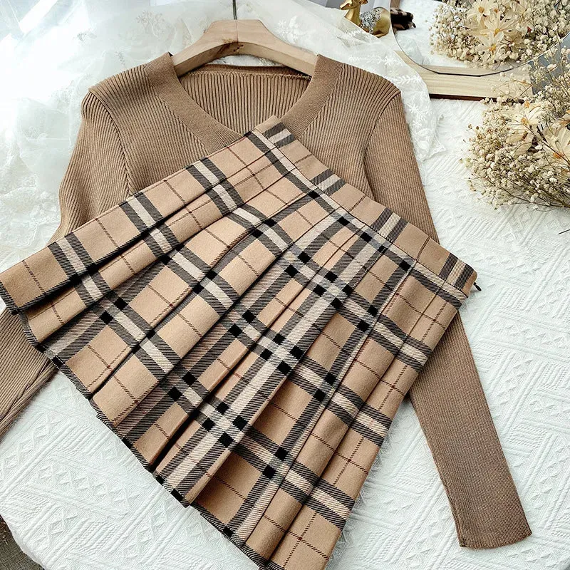 Contrast Color Plaid Striped Skirt Korean Version of Pleated Skirt Autumn High Waist A Line Plaid Mini Skirt Student Style Sweet