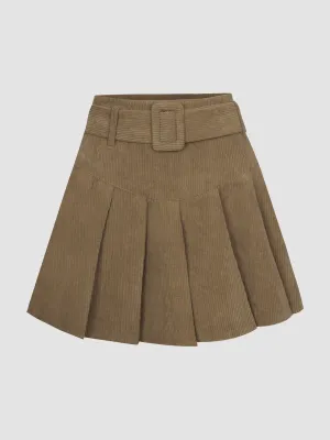 Corduroy Pleated Skirt with Belt