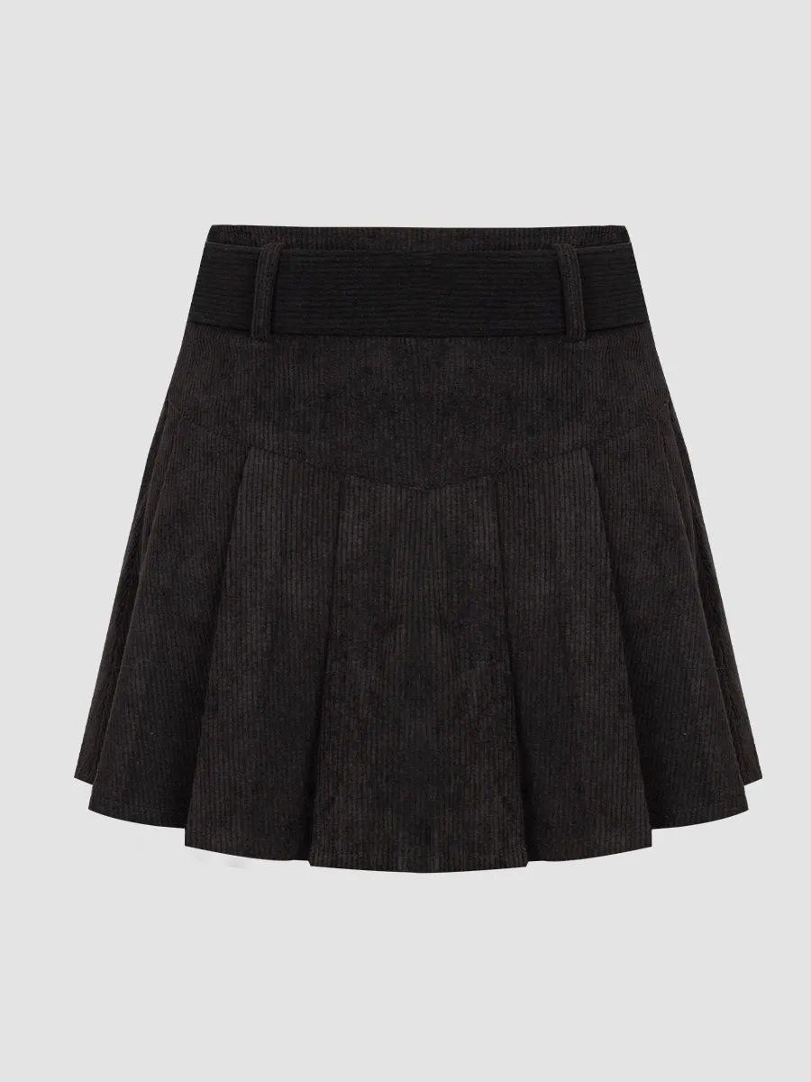 Corduroy Pleated Skirt with Belt