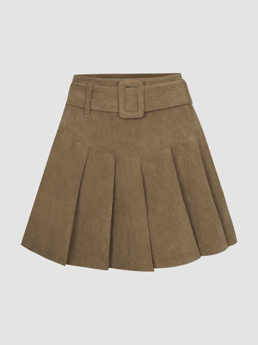 Corduroy Pleated Skirt with Belt