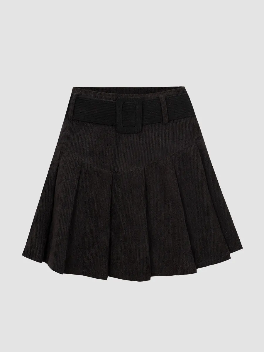 Corduroy Pleated Skirt with Belt