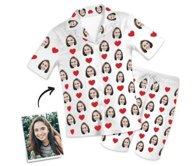 Custom Love Heart Photo Face Short Sleeve Pajama Set