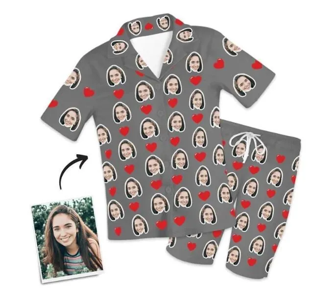 Custom Love Heart Photo Face Short Sleeve Pajama Set