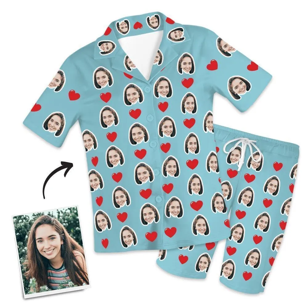 Custom Love Heart Photo Face Short Sleeve Pajama Set