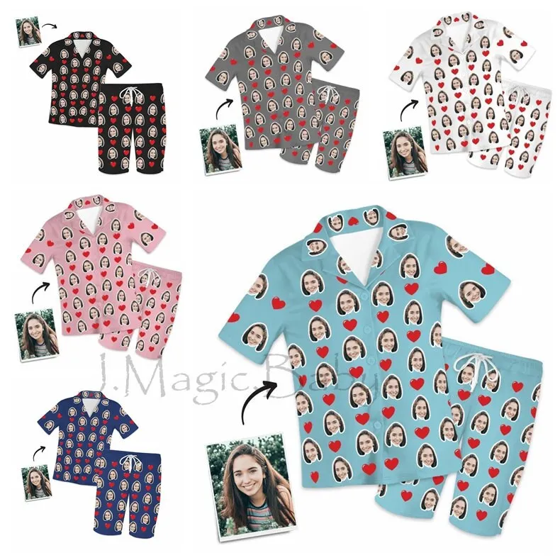 Custom Love Heart Photo Face Short Sleeve Pajama Set