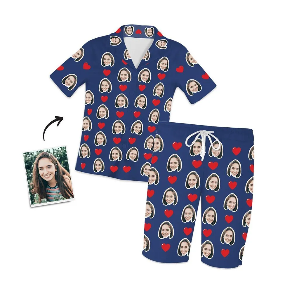 Custom Love Heart Photo Face Short Sleeve Pajama Set