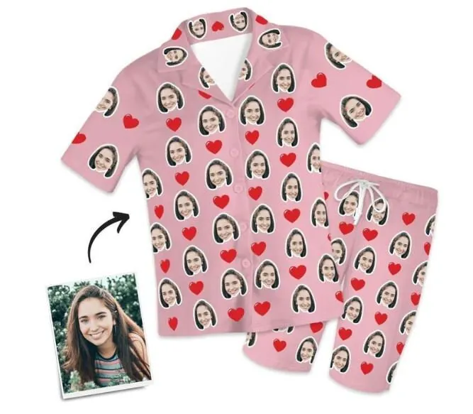 Custom Love Heart Photo Face Short Sleeve Pajama Set