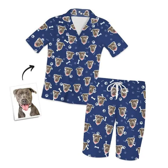 Custom Pet Paw Prints Photo Face Short Sleeve Pajama Set