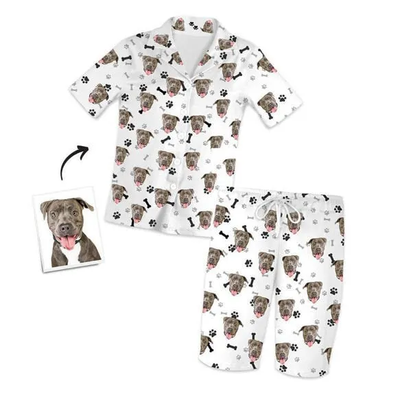 Custom Pet Paw Prints Photo Face Short Sleeve Pajama Set