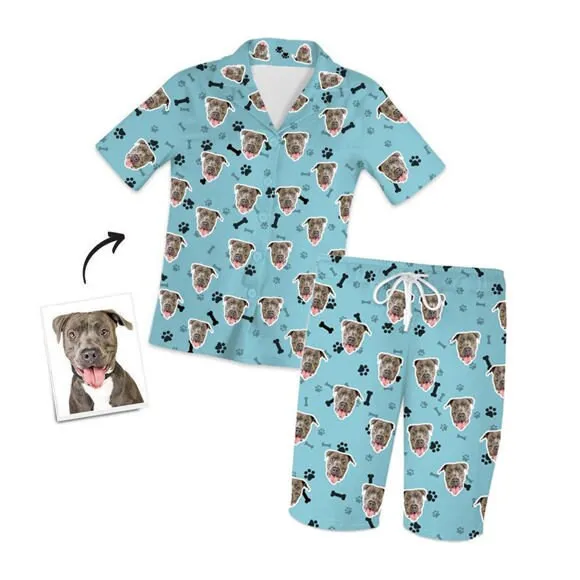 Custom Pet Paw Prints Photo Face Short Sleeve Pajama Set