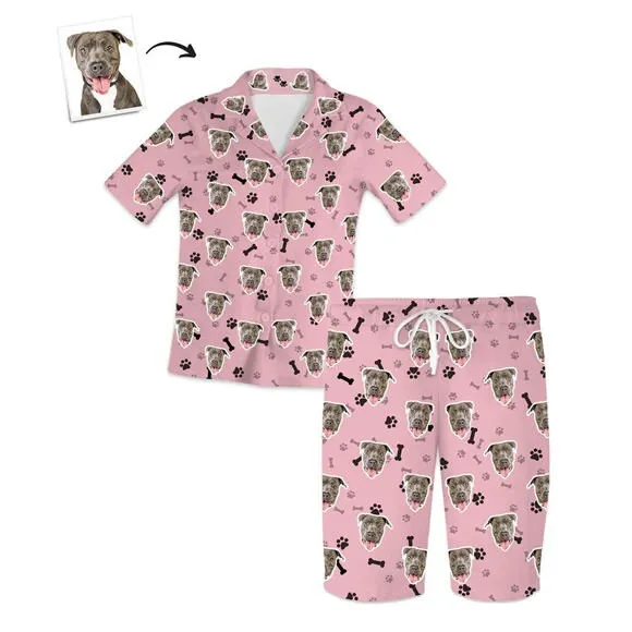 Custom Pet Paw Prints Photo Face Short Sleeve Pajama Set