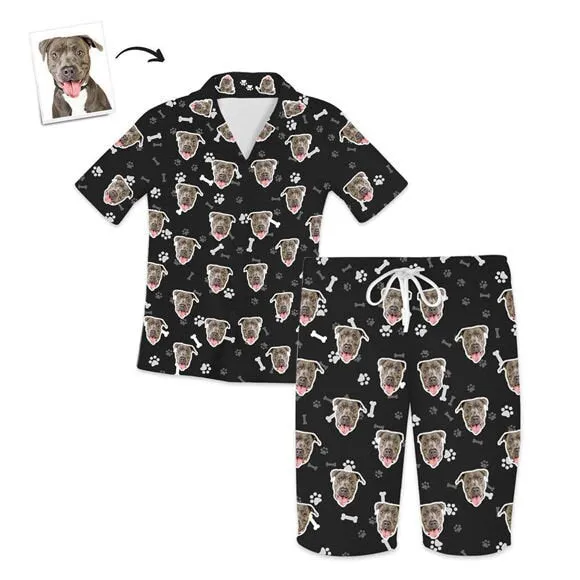 Custom Pet Paw Prints Photo Face Short Sleeve Pajama Set