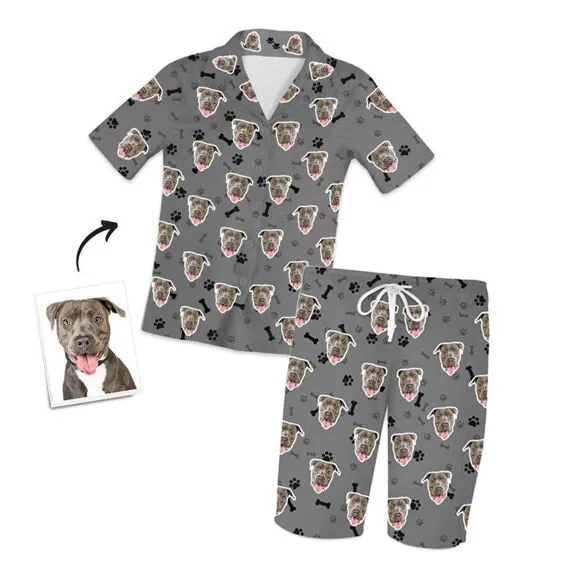 Custom Pet Paw Prints Photo Face Short Sleeve Pajama Set