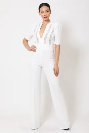 Deep V-neck Crochet Bodice Jumpsuit