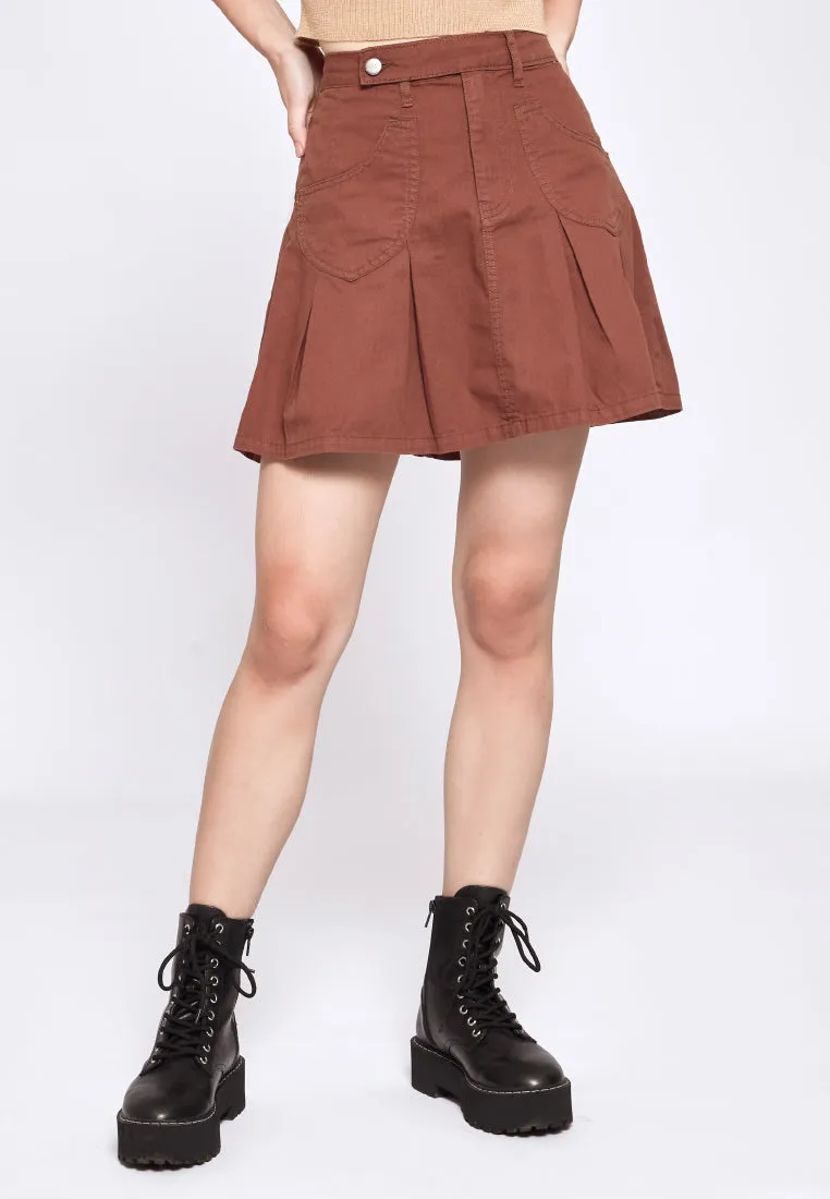 Denim Pleated Skirt with Patch Pocket