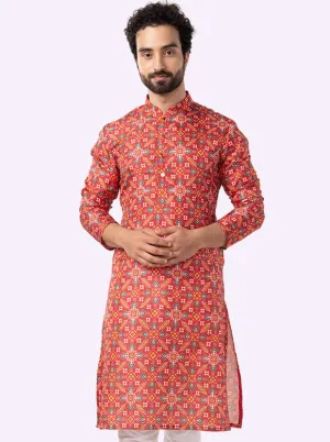 Designer Melon Red Printed Kurta | The Kurta Company