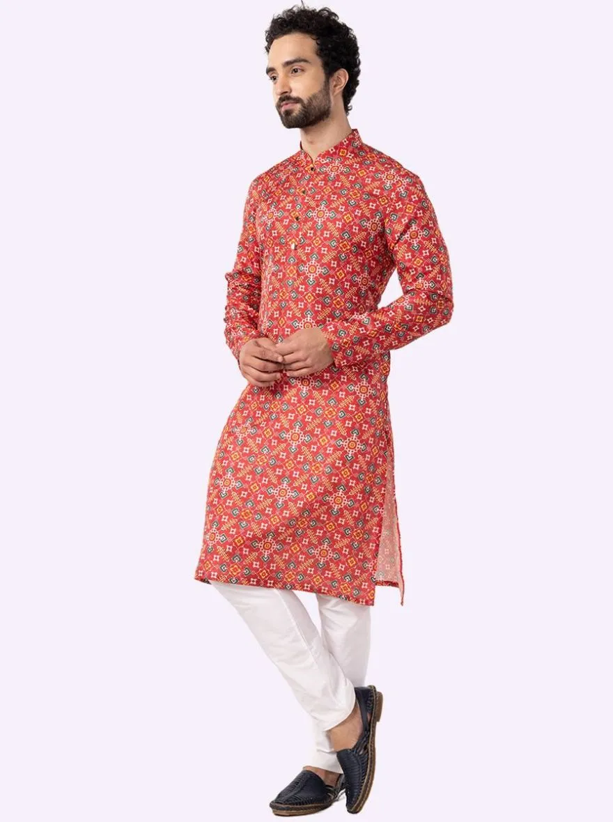 Designer Melon Red Printed Kurta | The Kurta Company