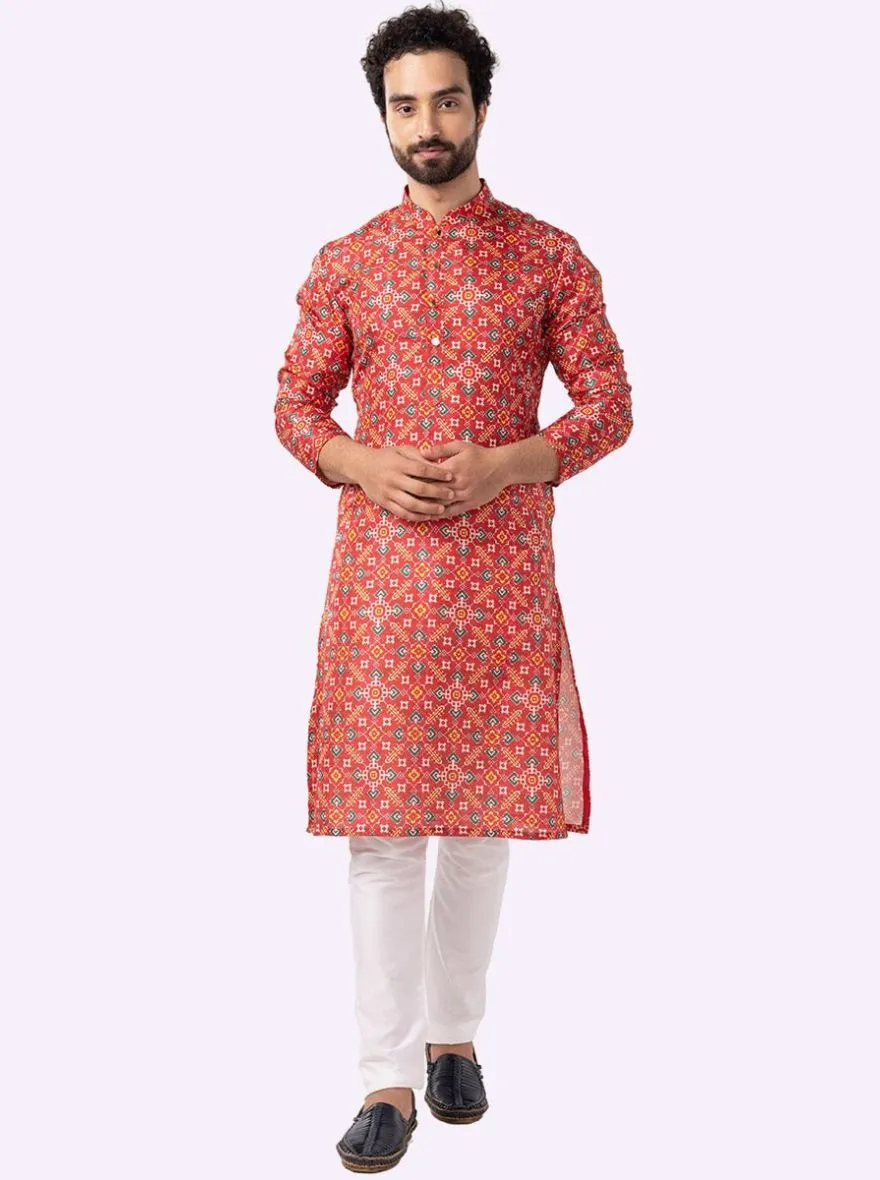 Designer Melon Red Printed Kurta | The Kurta Company