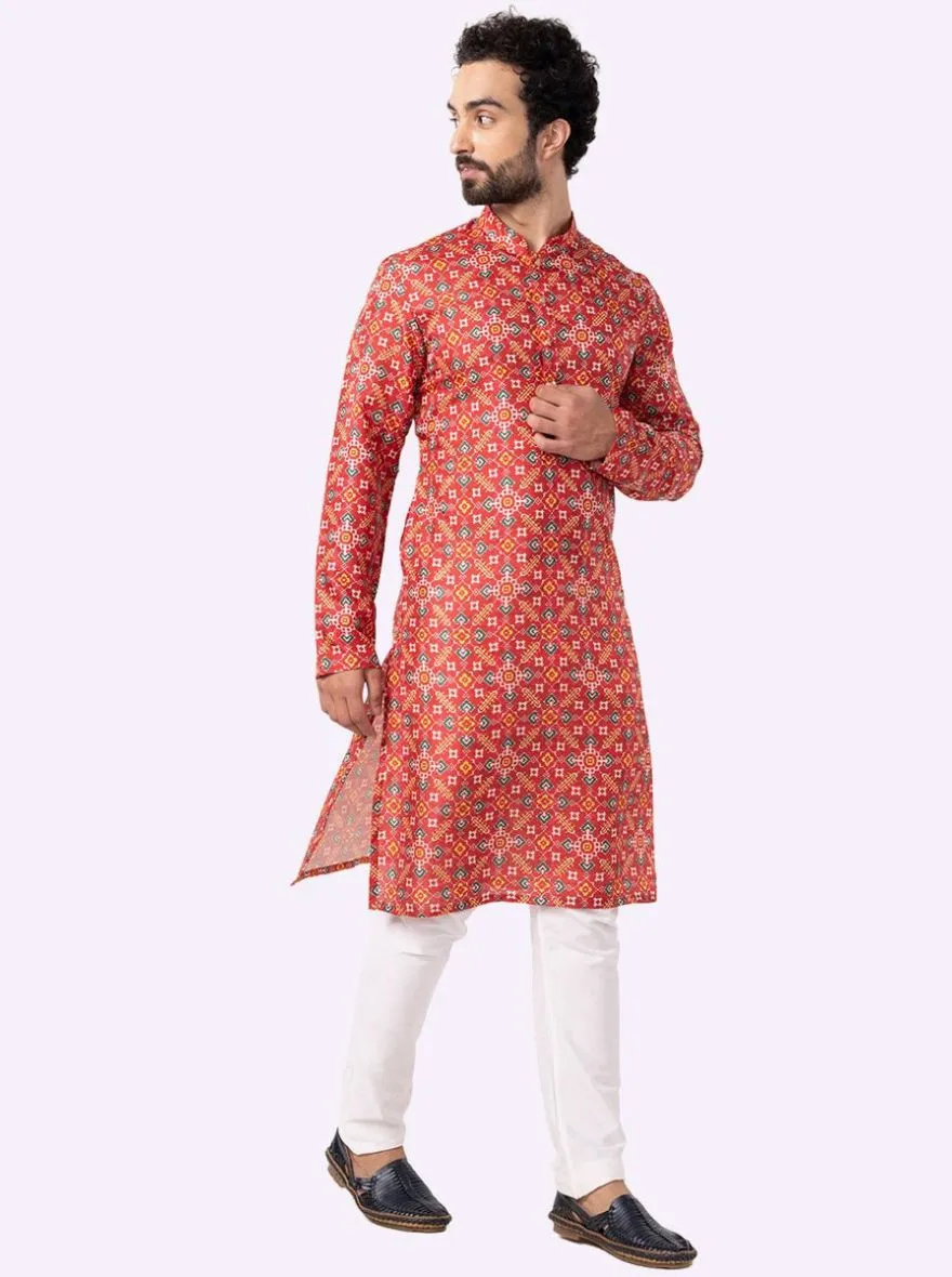 Designer Melon Red Printed Kurta | The Kurta Company