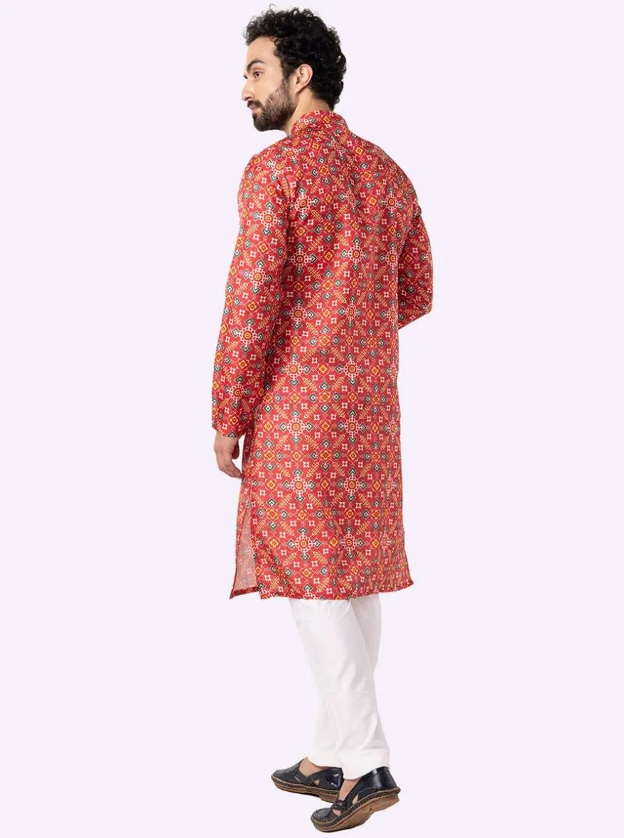 Designer Melon Red Printed Kurta | The Kurta Company