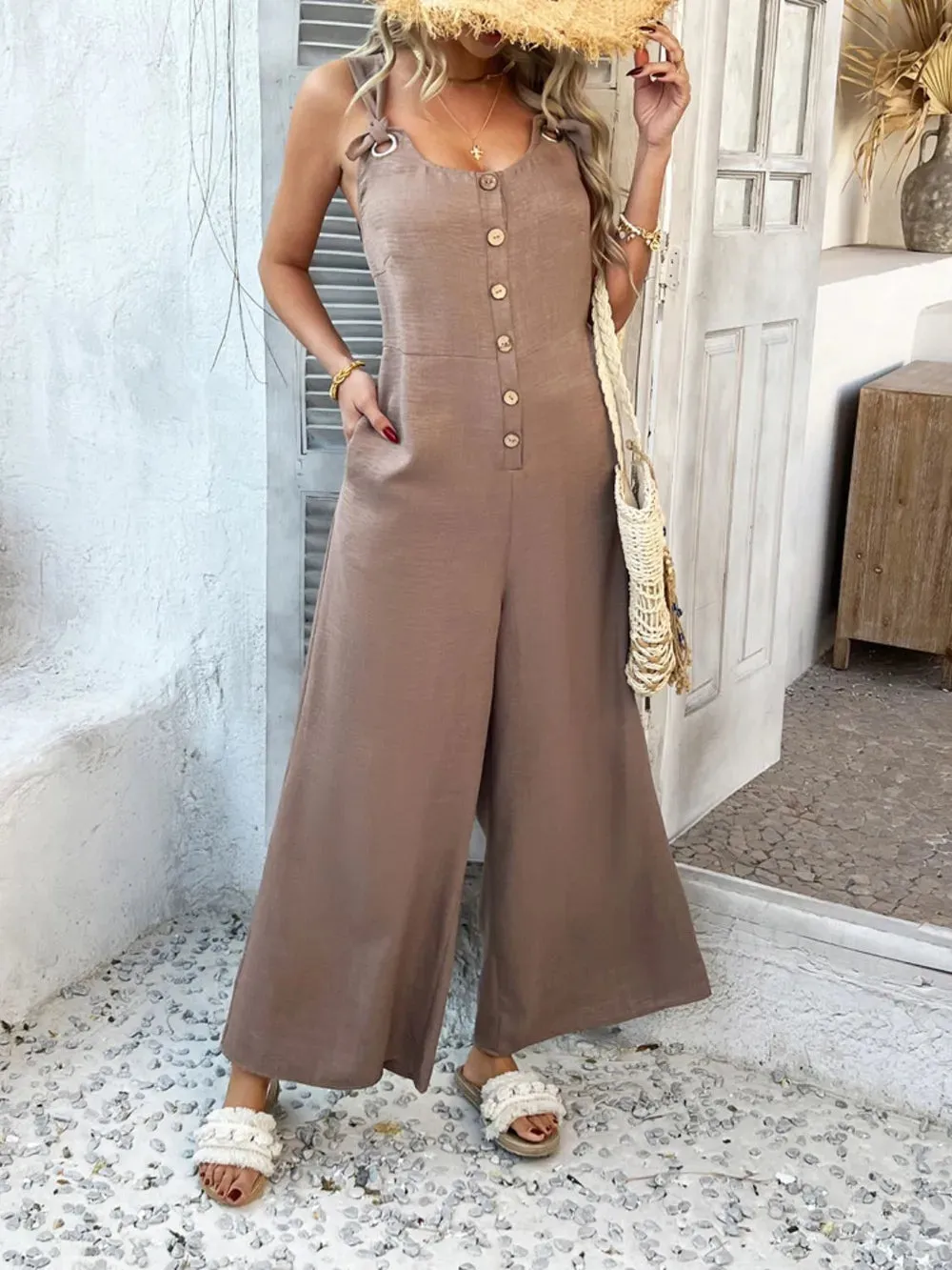 Devine Button Front Knotted Strap Wide Leg Jumpsuit