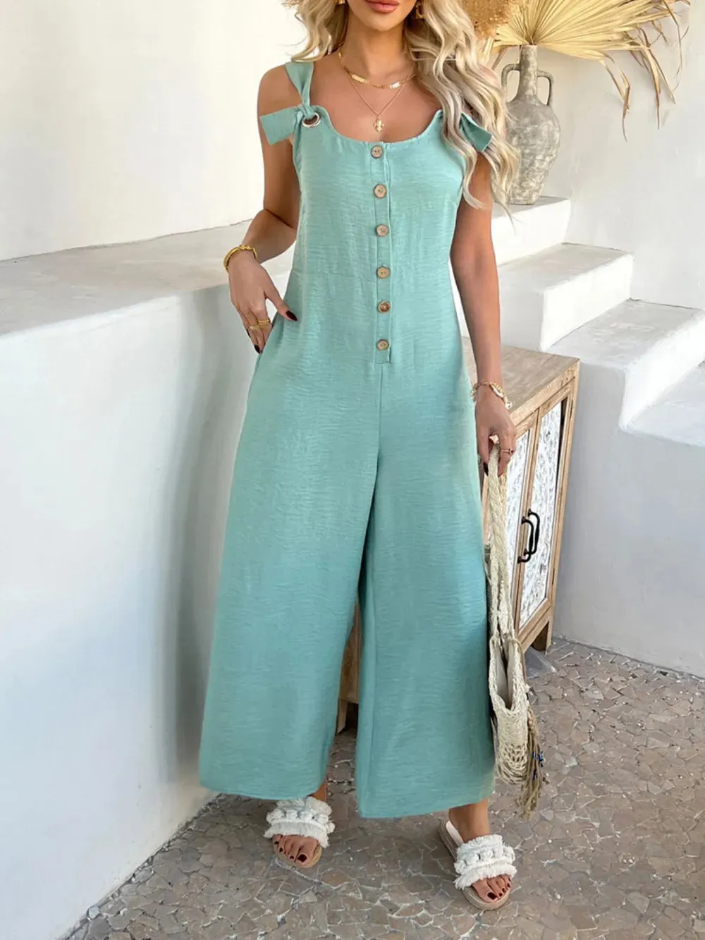Devine Button Front Knotted Strap Wide Leg Jumpsuit