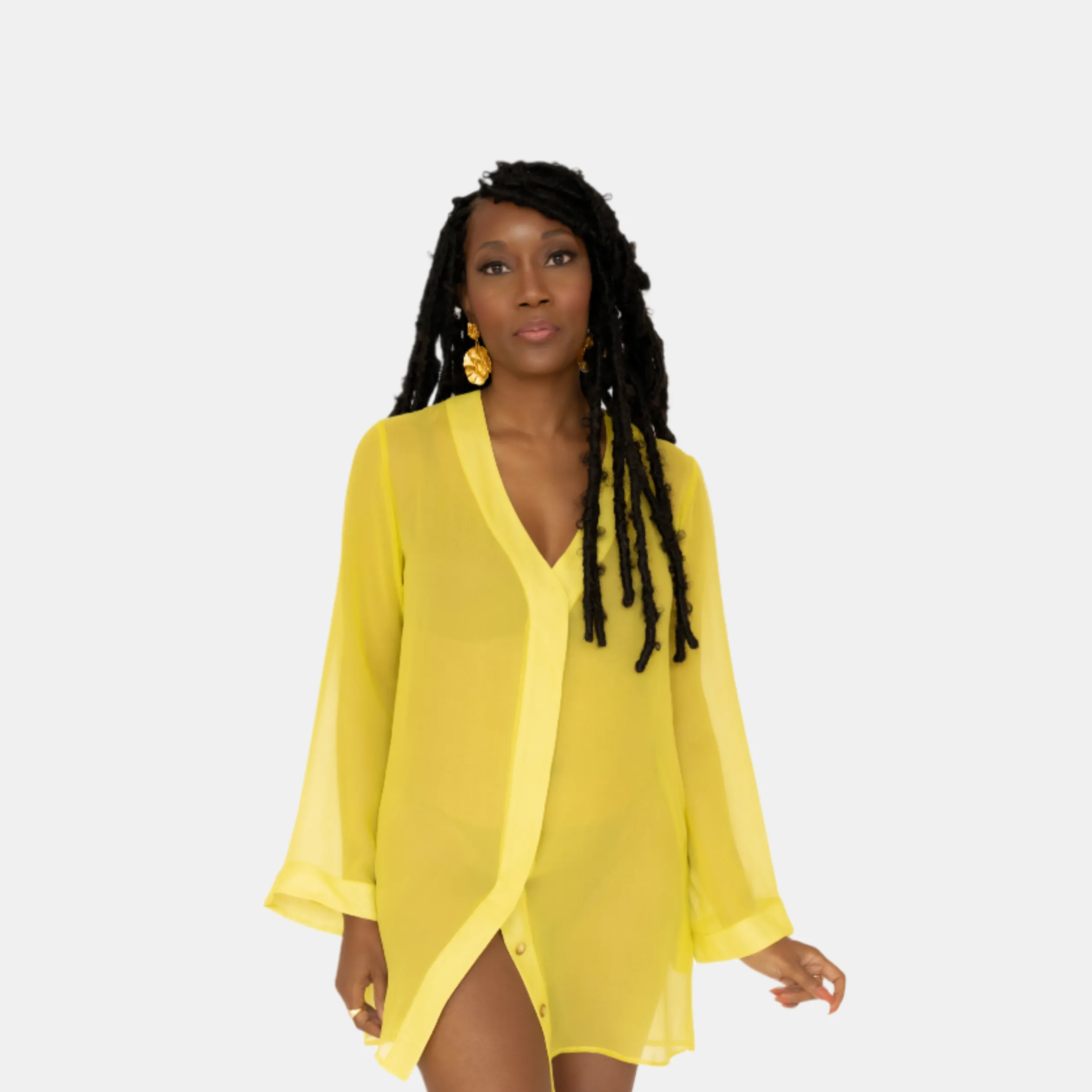 DONNA SILK CHIFFON SHIRT DRESS IN CHARTREUSE