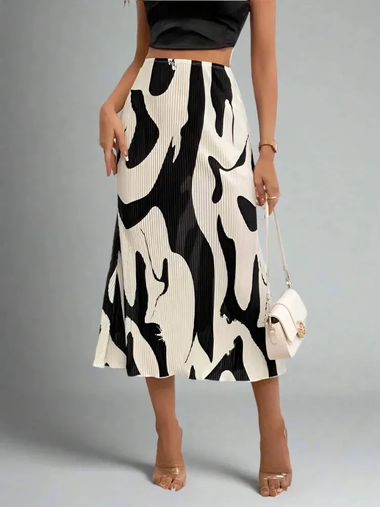 Dressy Casual Graphic Print Pleated Long Midi Skirt