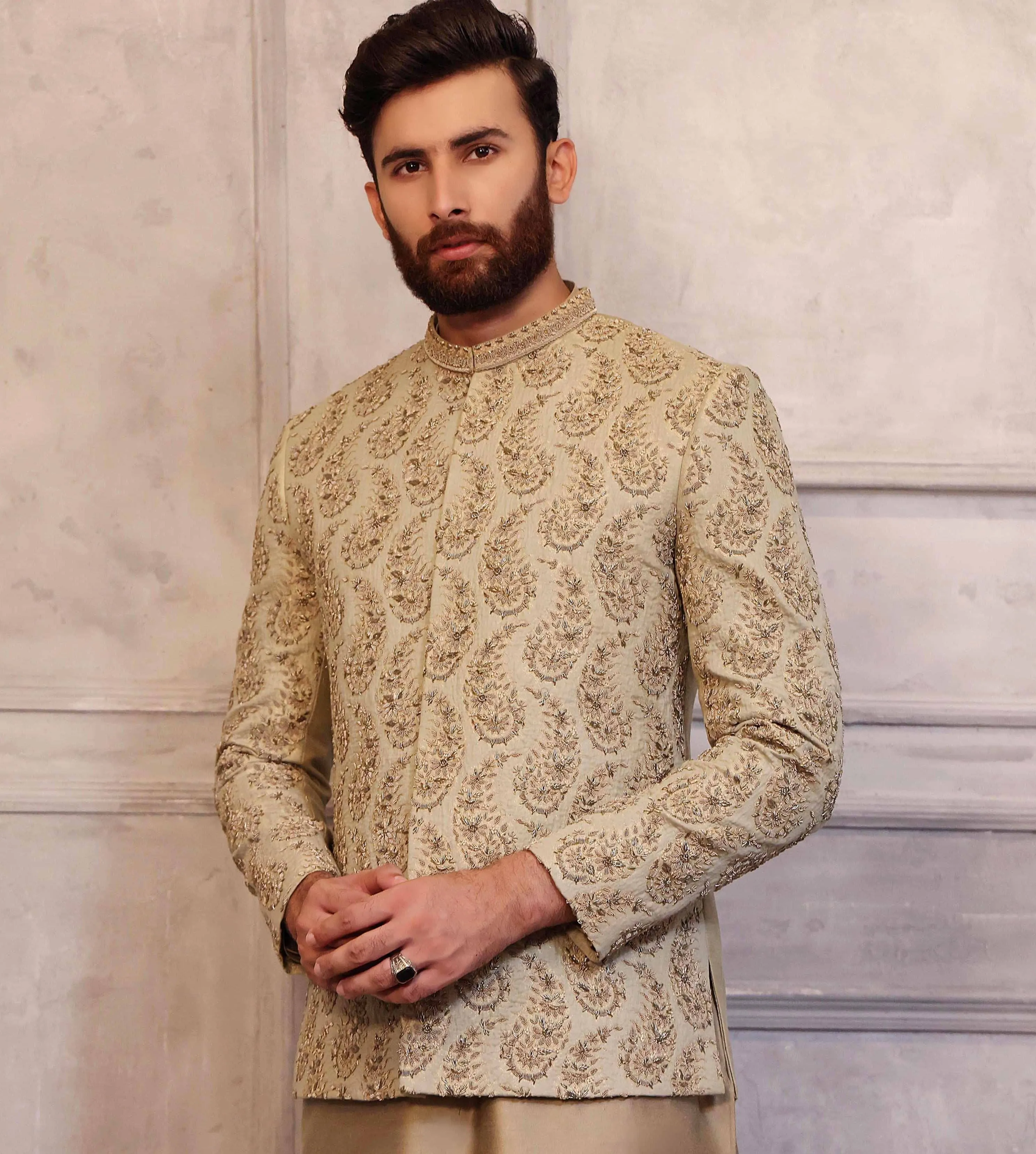 Dull Gold Prince Coat with Matching Raw Silk Suit
