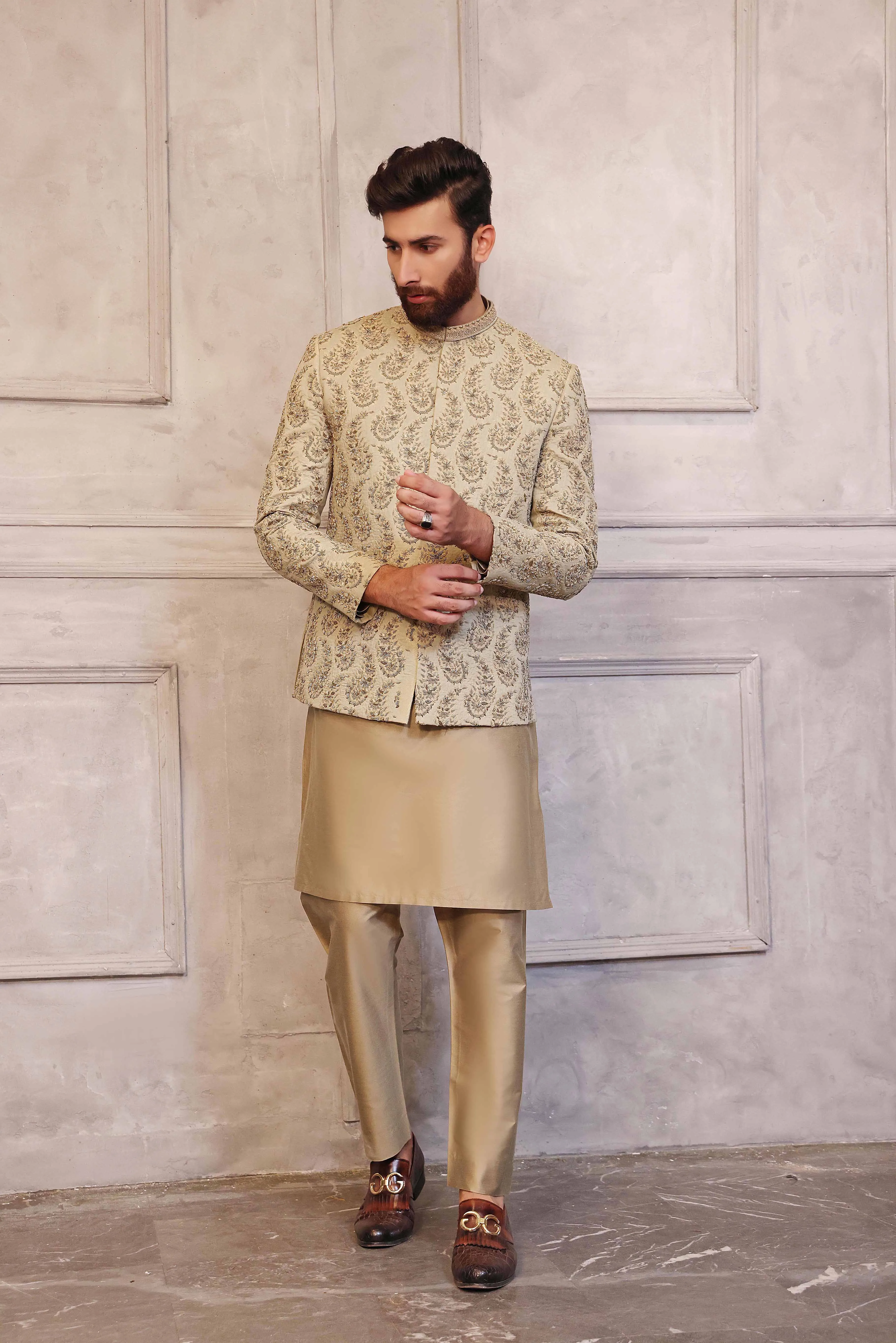 Dull Gold Prince Coat with Matching Raw Silk Suit
