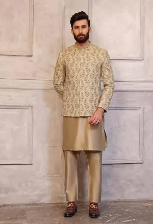 Dull Gold Prince Coat with Matching Raw Silk Suit
