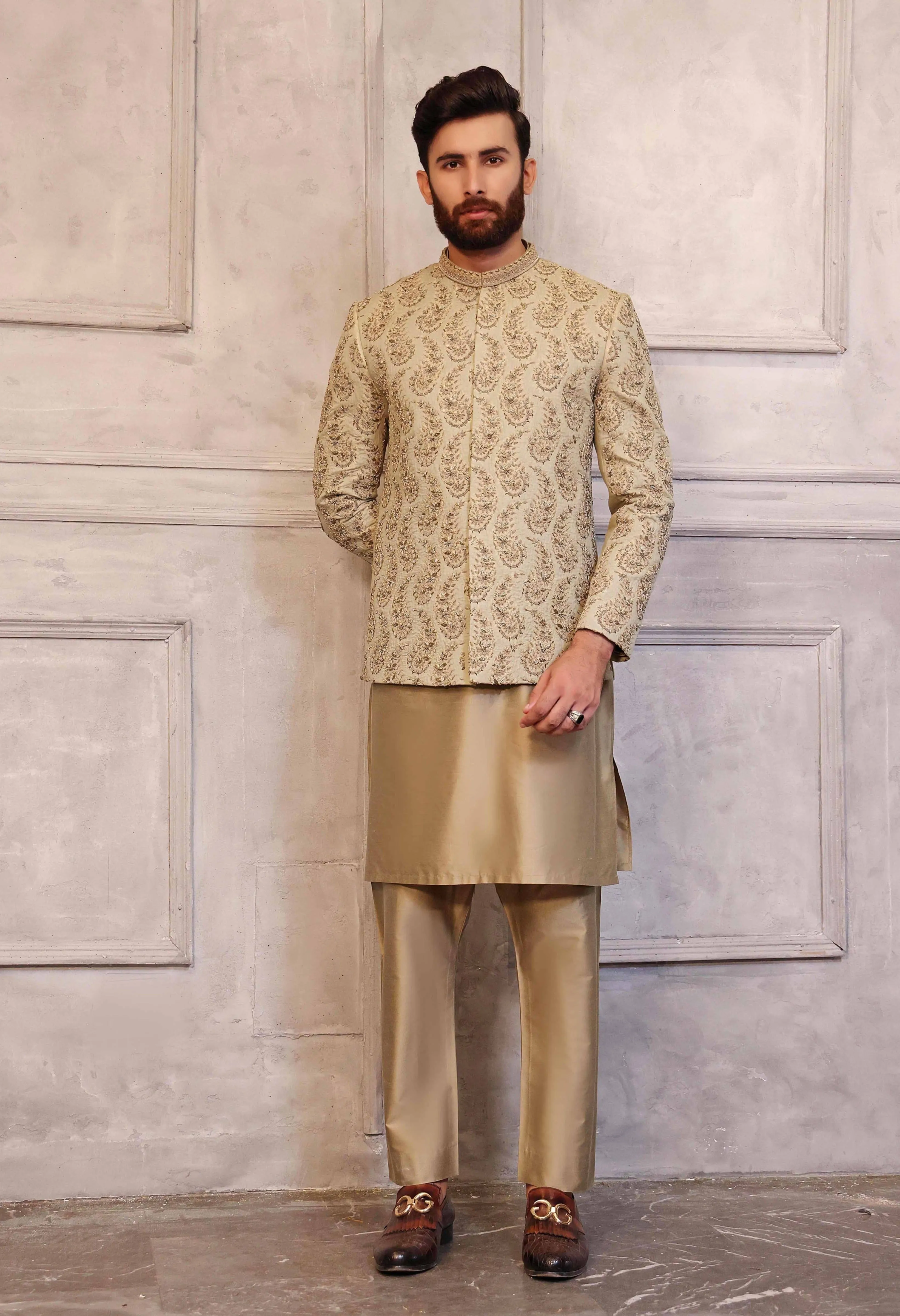 Dull Gold Prince Coat with Matching Raw Silk Suit