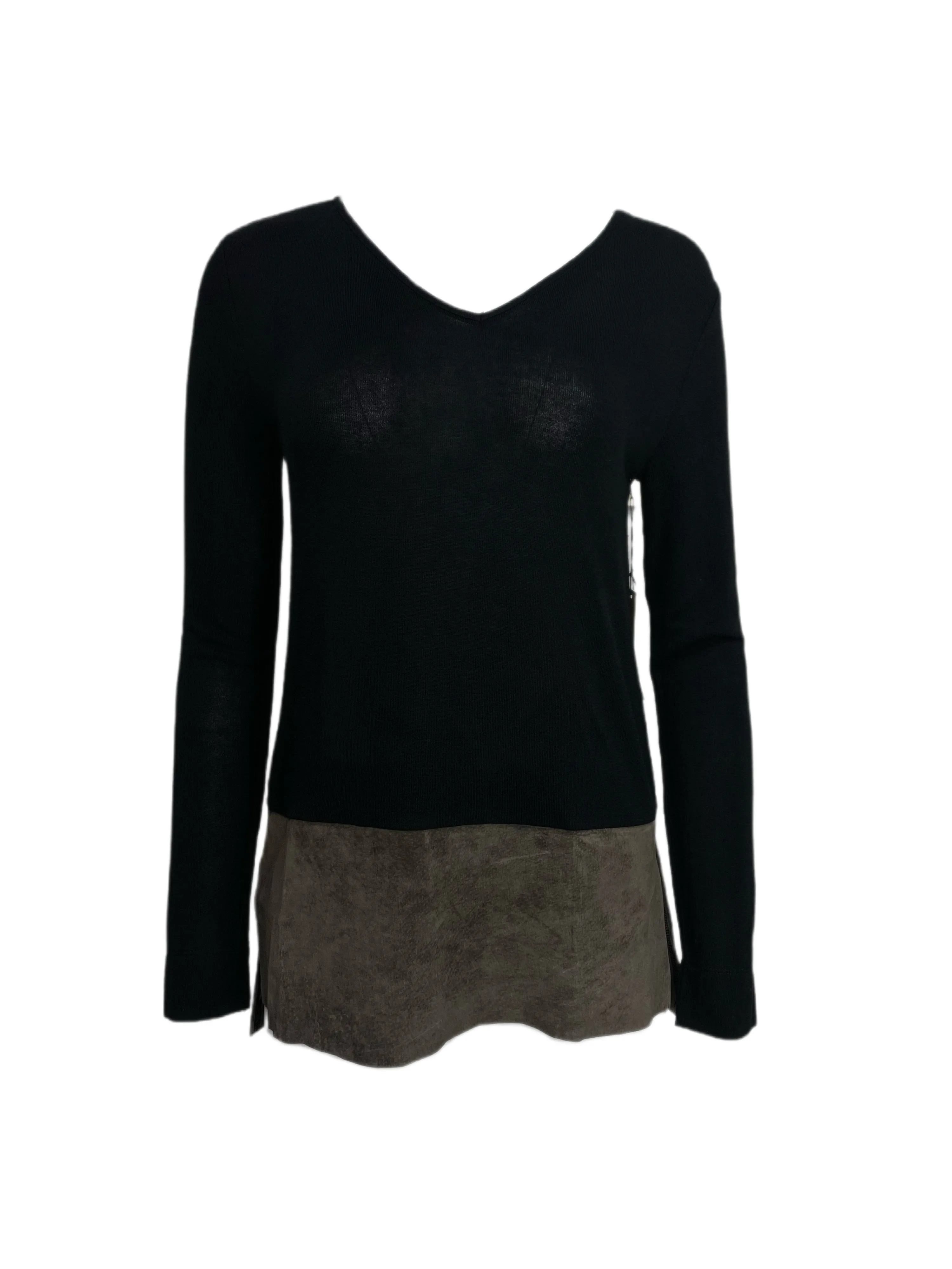 ECRU Women's Black V-Neck Suede Long Sleeve Sweater #3125 No Size NWT