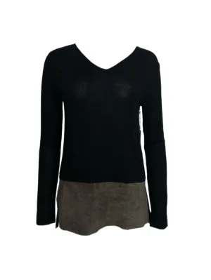 ECRU Women's Black V-Neck Suede Long Sleeve Sweater #3125 No Size NWT