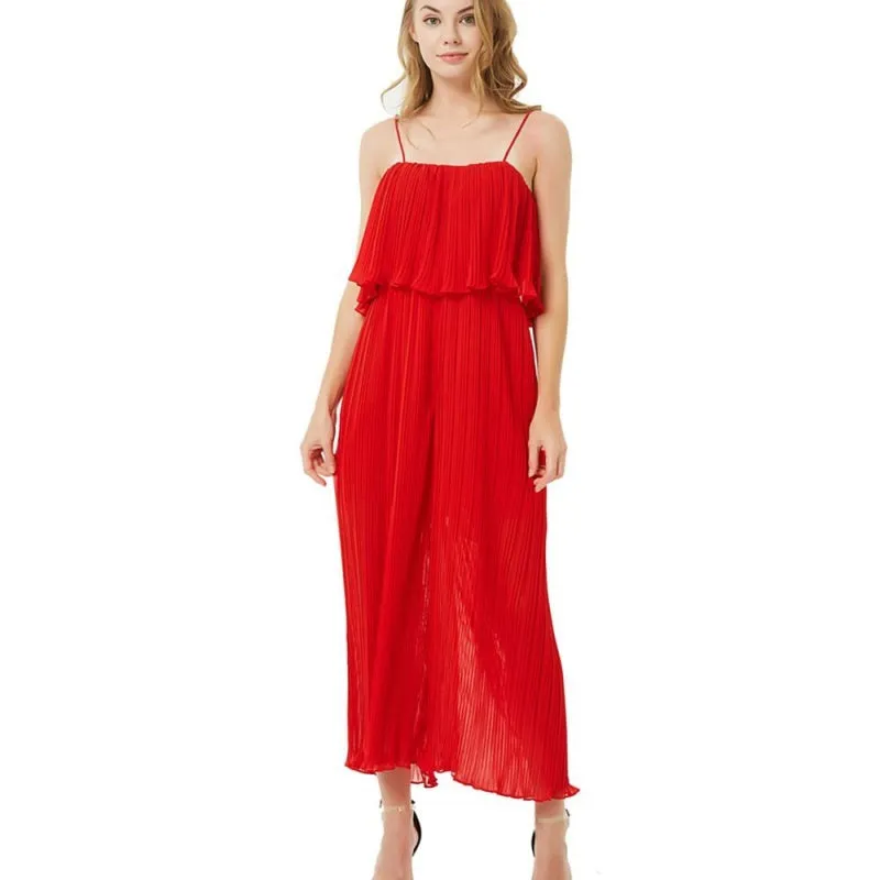 Elegant Pleated Ruffle Wide-Leg Jumpsuit