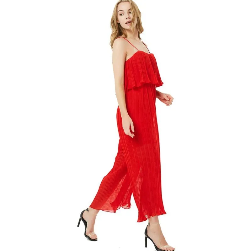 Elegant Pleated Ruffle Wide-Leg Jumpsuit