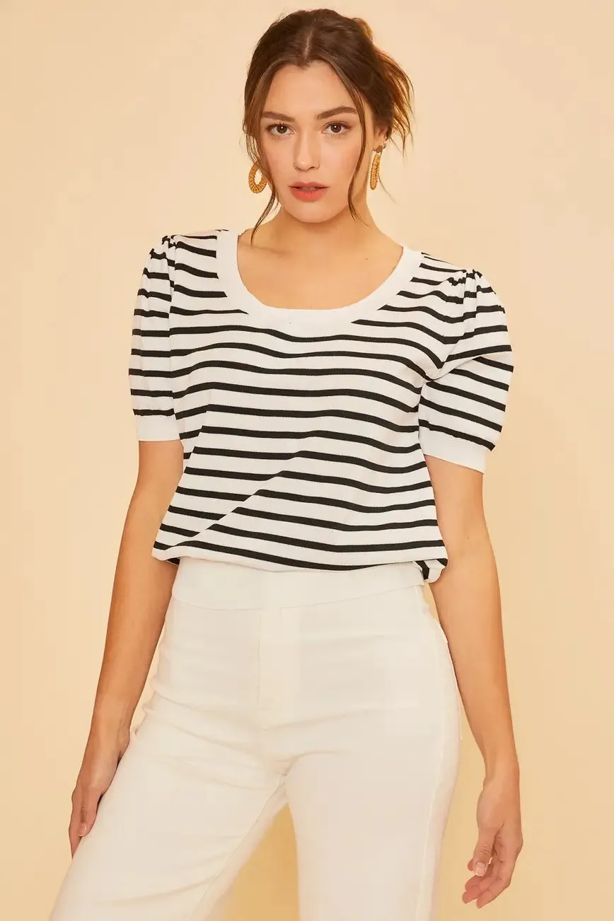 Emilia Scoop Neck Striped Top- Black/White