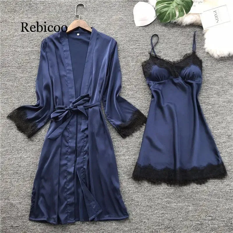 Fashion Women Faux Silk Robe Gown Set Hot Winter Sexy Lace Nightgowns Women Sleepwear Dress Woman Pajamas Bathrobe