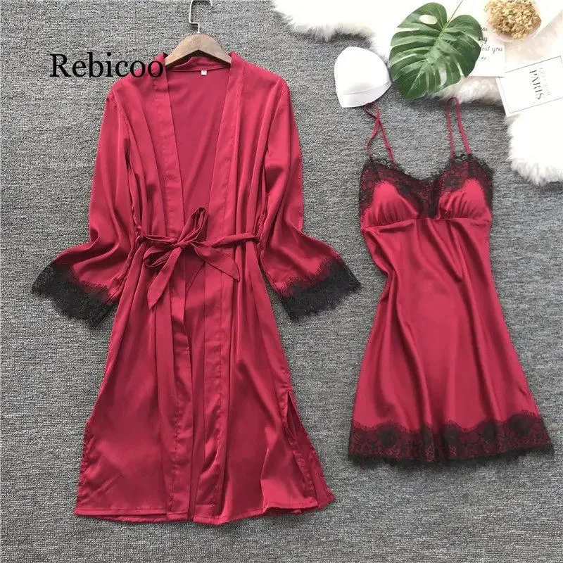 Fashion Women Faux Silk Robe Gown Set Hot Winter Sexy Lace Nightgowns Women Sleepwear Dress Woman Pajamas Bathrobe