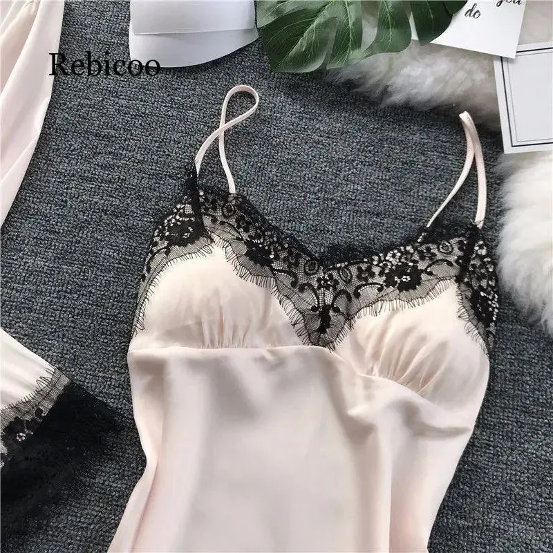 Fashion Women Faux Silk Robe Gown Set Hot Winter Sexy Lace Nightgowns Women Sleepwear Dress Woman Pajamas Bathrobe