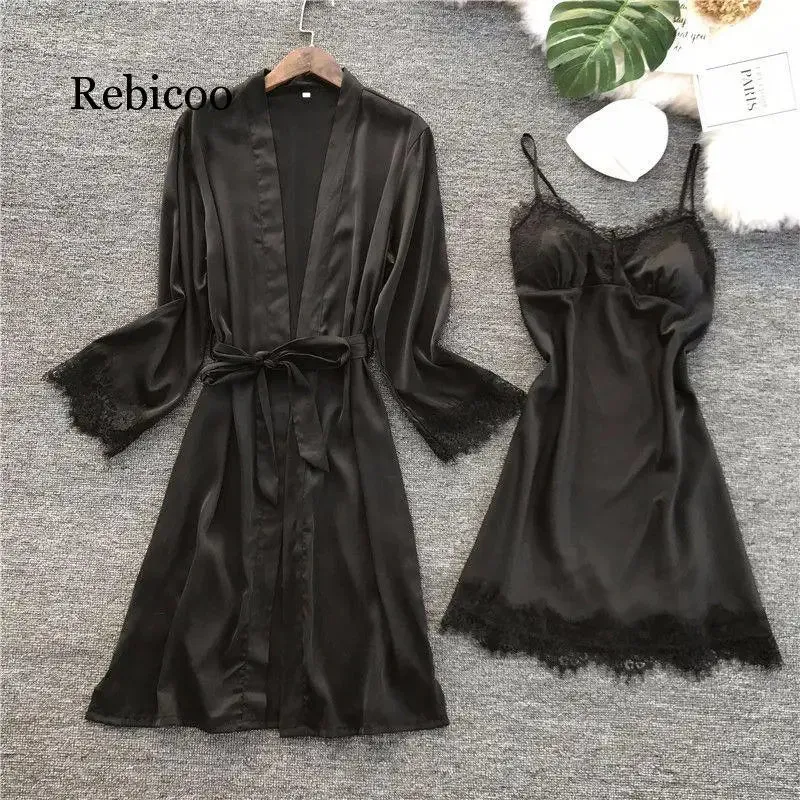 Fashion Women Faux Silk Robe Gown Set Hot Winter Sexy Lace Nightgowns Women Sleepwear Dress Woman Pajamas Bathrobe