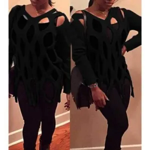 Fashionable Solid Color V-Neck Broken Hole Cut Out Pullover Sweater For Women - Black Xl