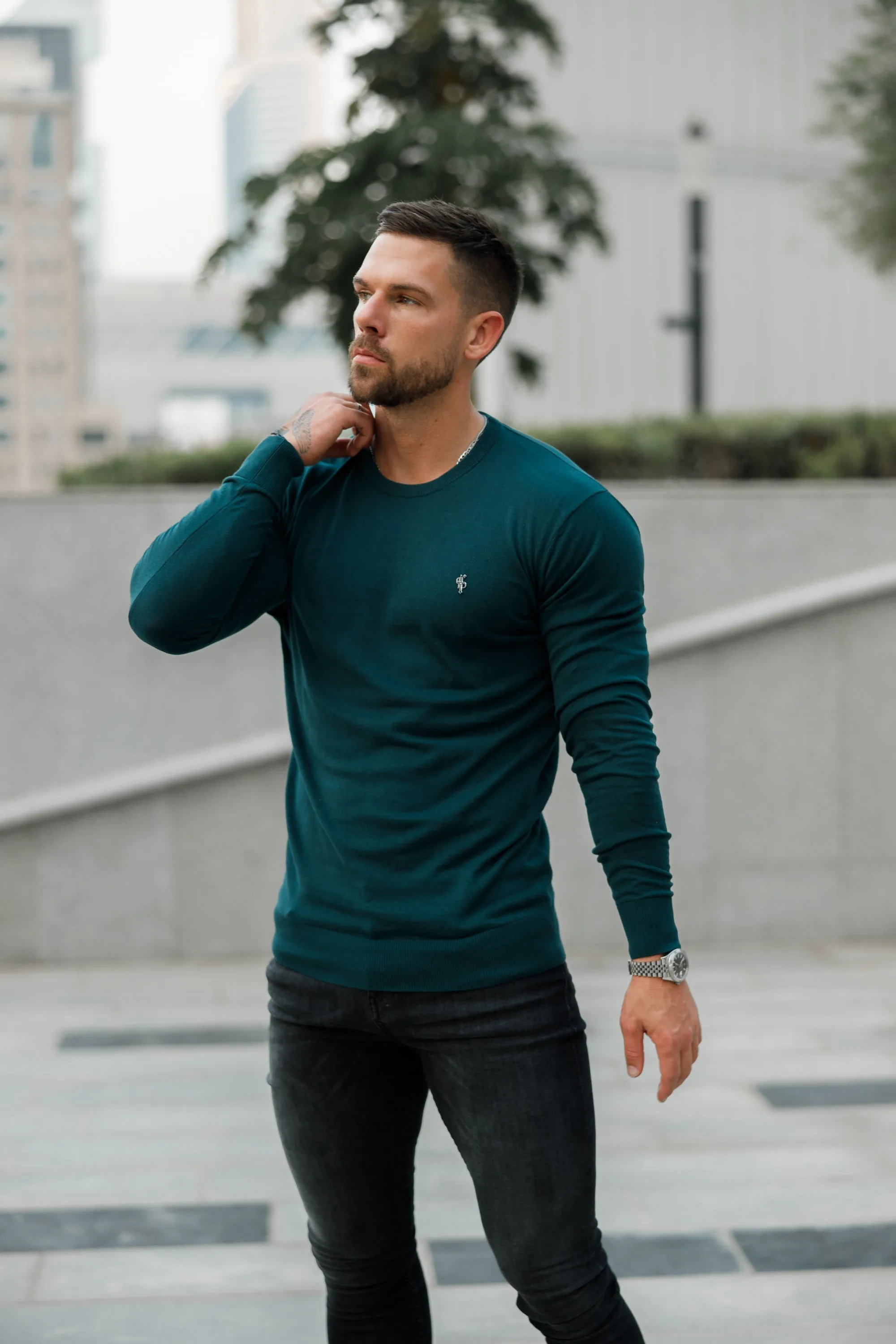 Father Sons Classic Forest Green Light Weight Knitted Crew Neck with Metal Decal - FSN095