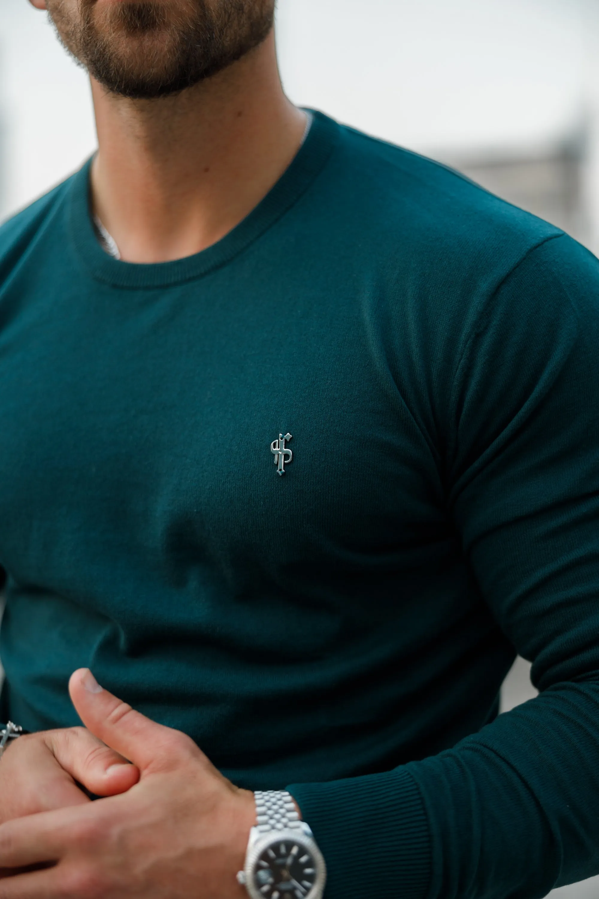 Father Sons Classic Forest Green Light Weight Knitted Crew Neck with Metal Decal - FSN095