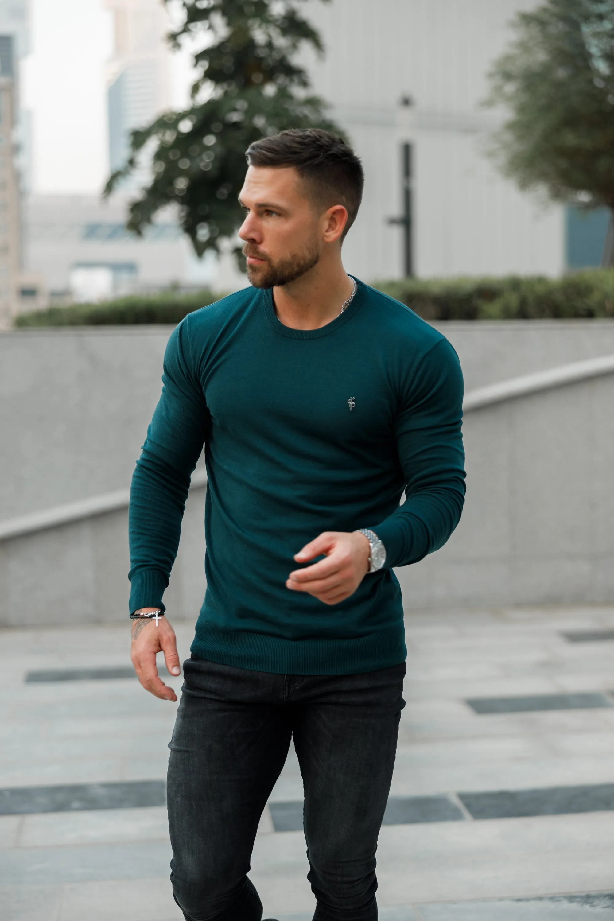 Father Sons Classic Forest Green Light Weight Knitted Crew Neck with Metal Decal - FSN095