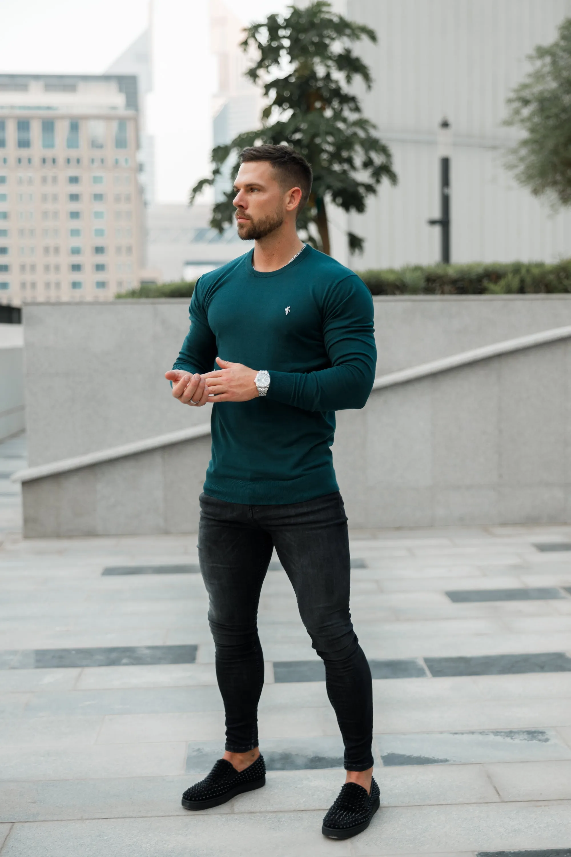 Father Sons Classic Forest Green Light Weight Knitted Crew Neck with Metal Decal - FSN095