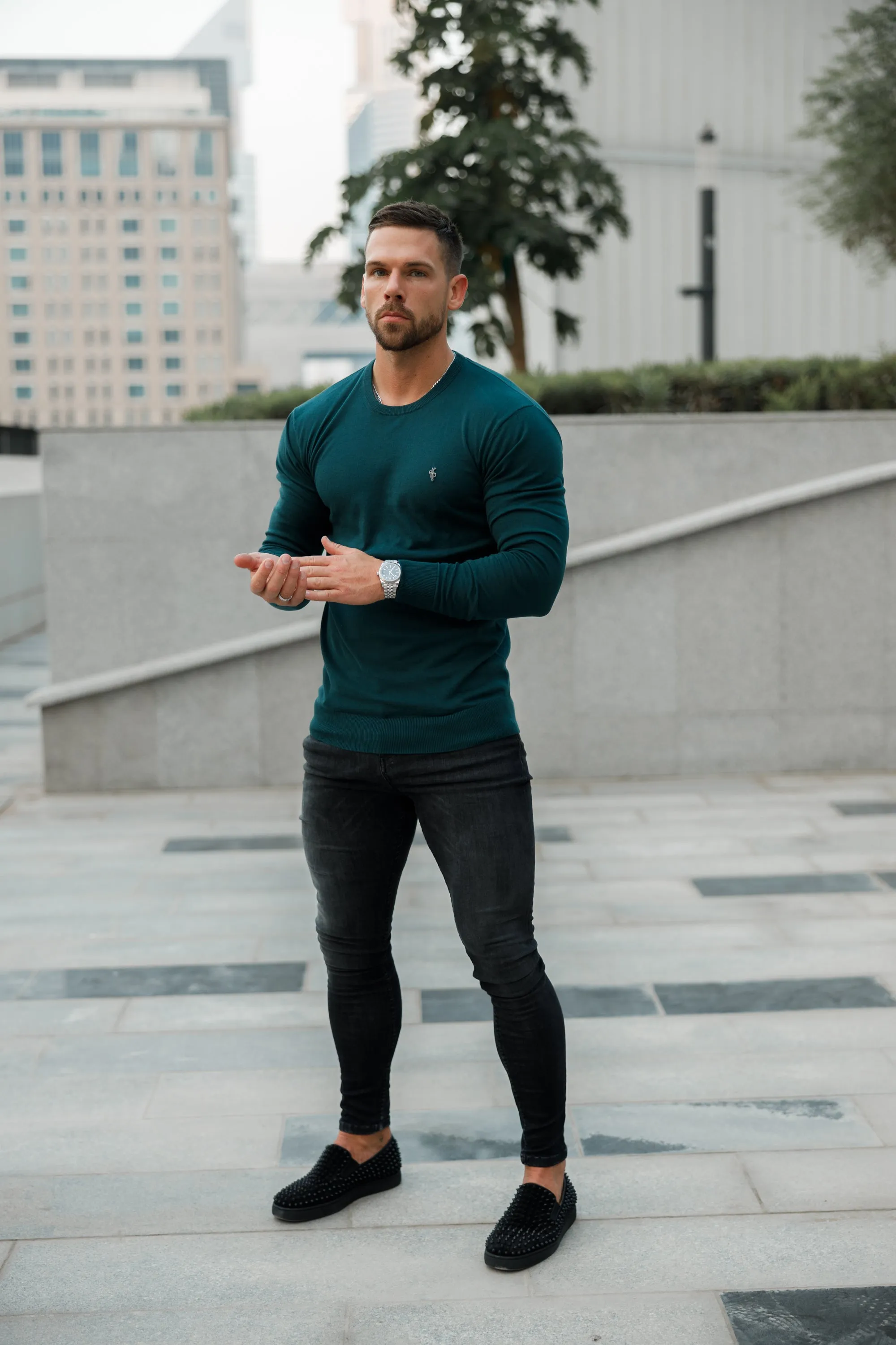 Father Sons Classic Forest Green Light Weight Knitted Crew Neck with Metal Decal - FSN095