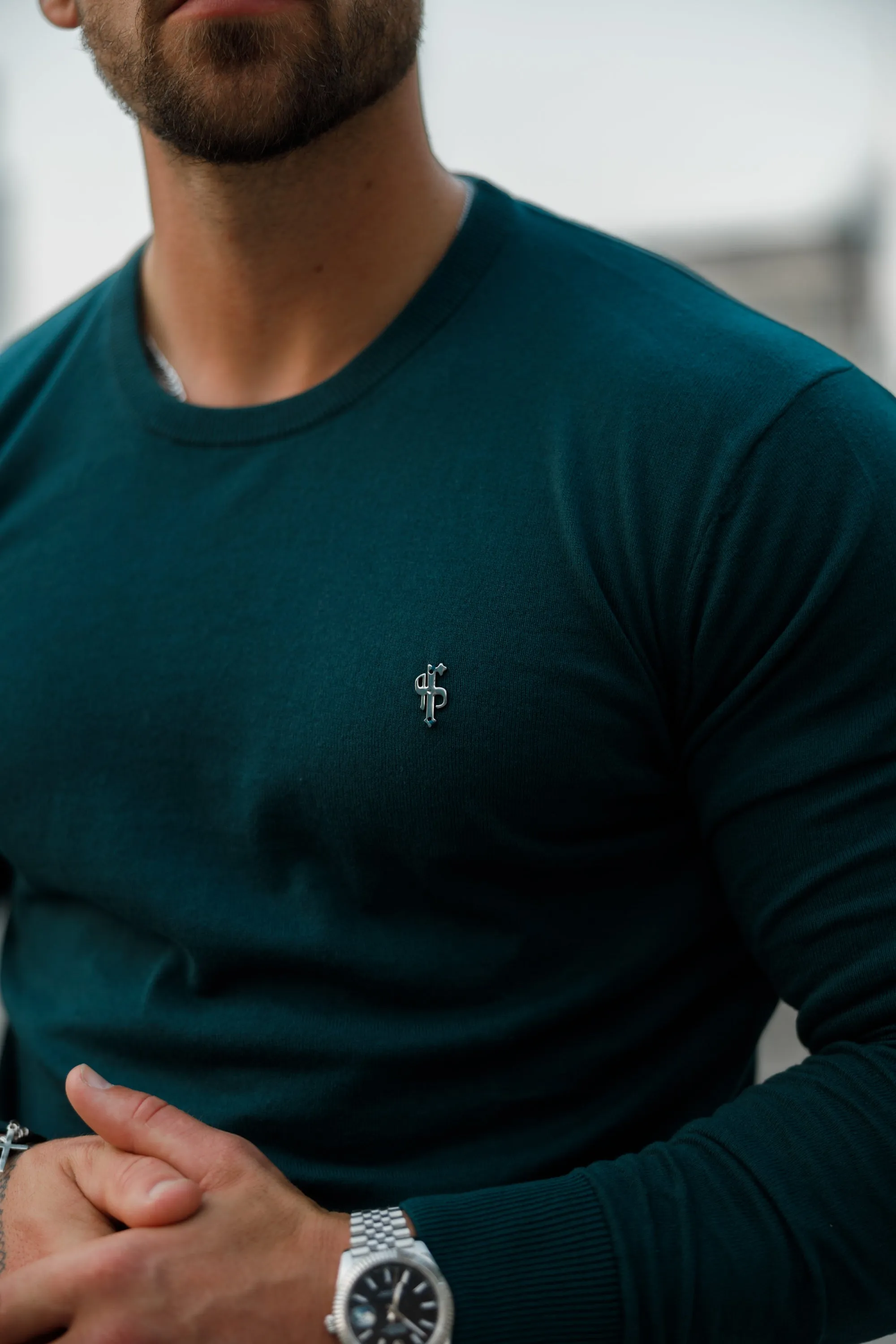 Father Sons Classic Forest Green Light Weight Knitted Crew Neck with Metal Decal - FSN095