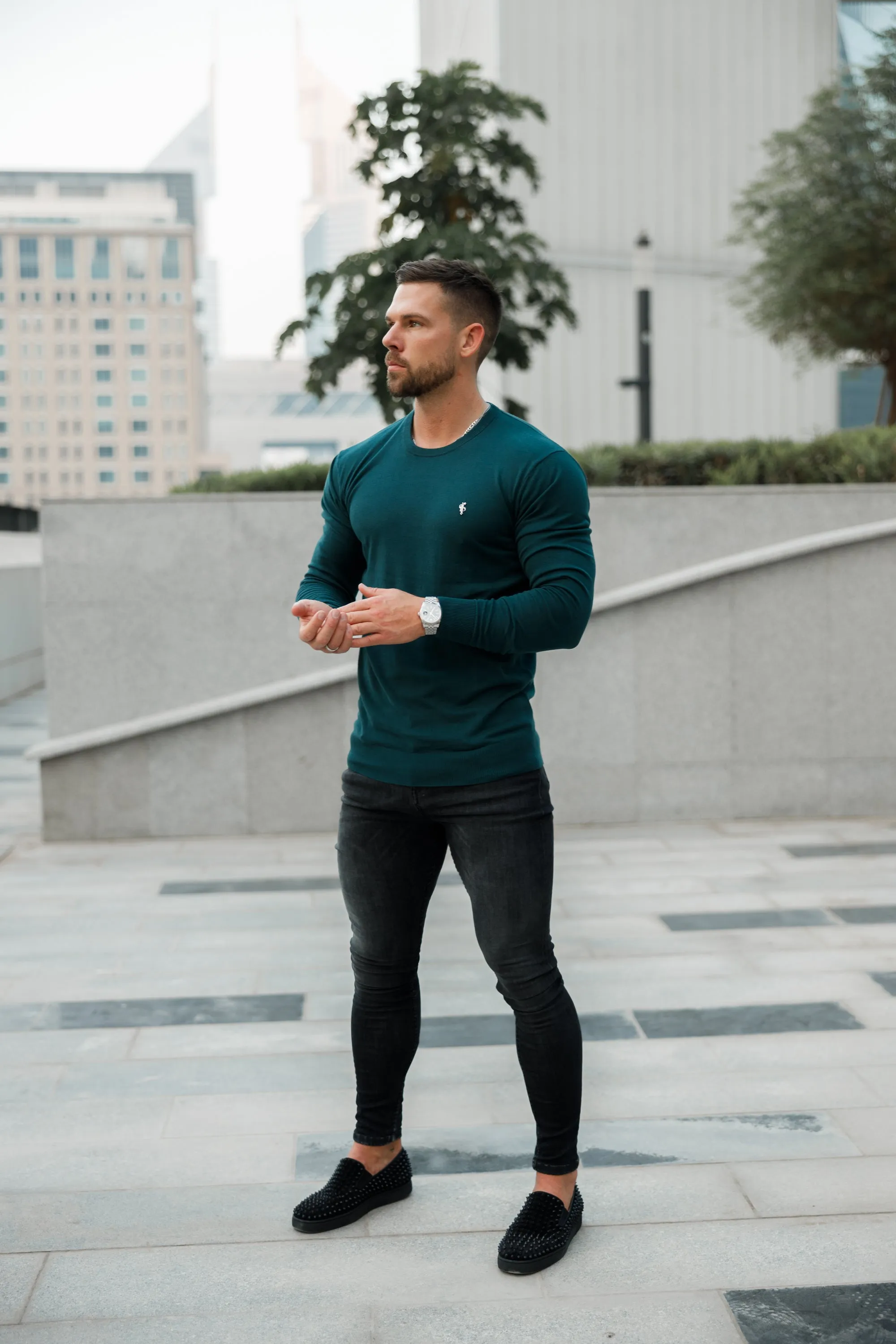 Father Sons Classic Forest Green Light Weight Knitted Crew Neck with Metal Decal - FSN095